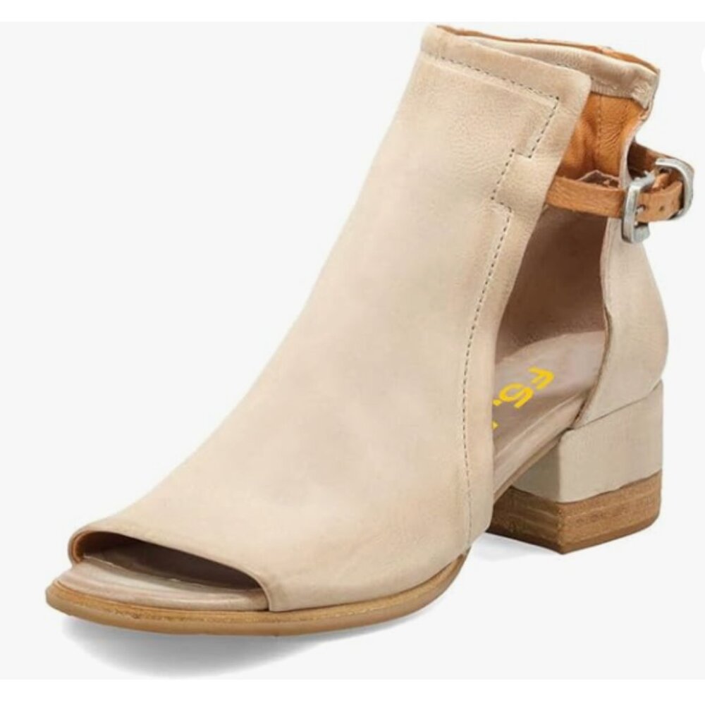 FSJ Apricot Peep Open Toe Cut Out Buckle Comfortable Block Low Heel Ankle Bootie